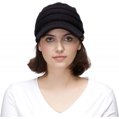 Skullies & Beanies Hatsandscarf Exclusives Women's Ribbed Knit Hat with Brim (YJ-131) - Black With Ponytail Holder - CD18XHIR...