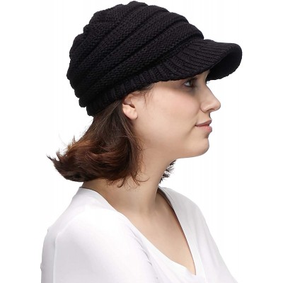 Skullies & Beanies Hatsandscarf Exclusives Women's Ribbed Knit Hat with Brim (YJ-131) - Black With Ponytail Holder - CD18XHIR...