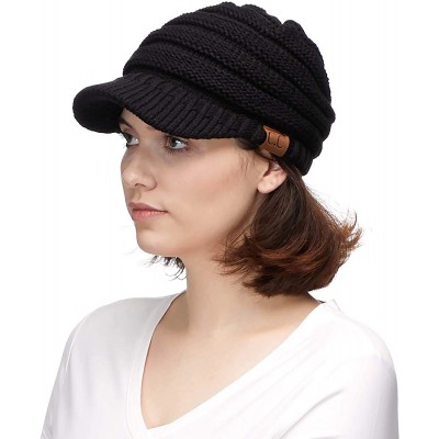 Skullies & Beanies Hatsandscarf Exclusives Women's Ribbed Knit Hat with Brim (YJ-131) - Black With Ponytail Holder - CD18XHIR...