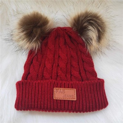 Skullies & Beanies Girls Boys Knit Cap Warm Fur Ball Baby Winter Knit Hat Children Beanie Hats & Caps - Dark Red - CC192KE9T3...