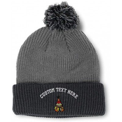 Skullies & Beanies Custom Pom Pom Beanie Native Indian Tepee Tribal Embroidery Acrylic - Grey Black - CW18A3X7D57 $10.77