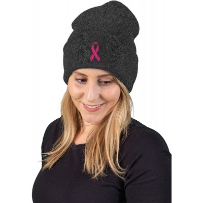 Skullies & Beanies Embroidered Beanie Dog Mom Gym Sports Holiday Knitted Hat Skull Cap - Breast Cancer Ribbon - Charcoal - C9...