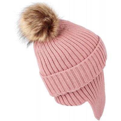 Skullies & Beanies Ribbed Knit Beanie Velour Lining Hat Pom Earflaps Cap BZ70012 - Pink - C418KIRDT8L $25.41