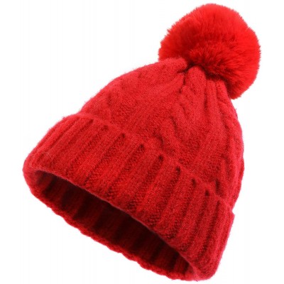 Skullies & Beanies Winter Beanie Knit Hat with Faux Fur Pom Pom Slouchy Soft Warm Stretch Cable Ski Cap for Women - Red - C01...