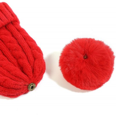 Skullies & Beanies Winter Beanie Knit Hat with Faux Fur Pom Pom Slouchy Soft Warm Stretch Cable Ski Cap for Women - Red - C01...