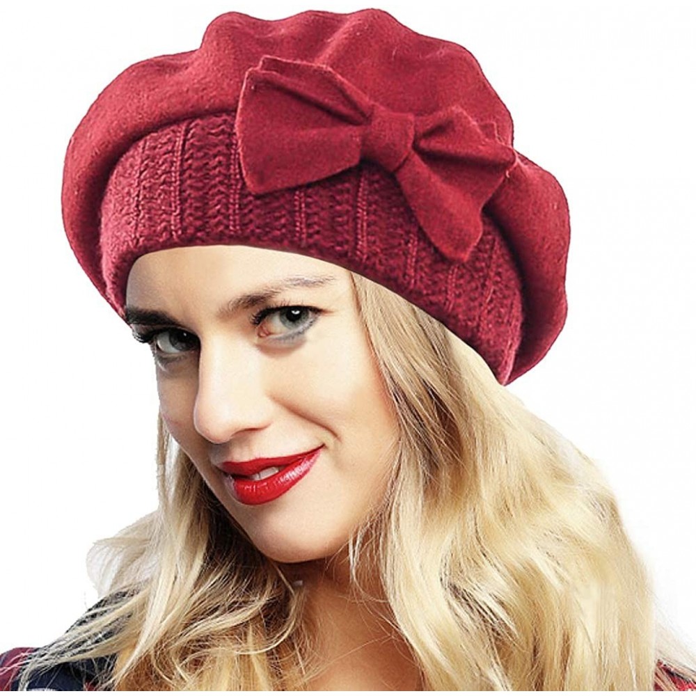 Berets Womens Beret 100% Wool French Beret Beanie Winter Hats Hy022 - Claret - CO18HLA4U7Q $10.39