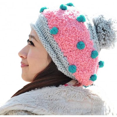 Skullies & Beanies Women Girl Dotted Fluffy Knit Cute Beanie Crochet Rib Pom Pom Hat Cap Warm FFH003BEI Beige - Pink & Gray -...