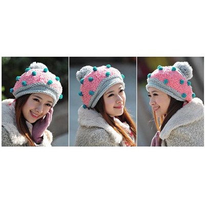 Skullies & Beanies Women Girl Dotted Fluffy Knit Cute Beanie Crochet Rib Pom Pom Hat Cap Warm FFH003BEI Beige - Pink & Gray -...