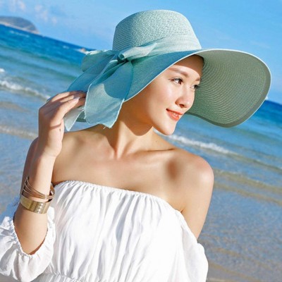 Sun Hats Women's Wide Brim Sun Protection Straw Hat-Folable Floppy Hat-Summer UV Protection Beach Cap - C1-f-mint Green - CY1...