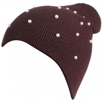 Skullies & Beanies Womens Hat Winter- Faux Pearls Warm Chunky Beanie Hats Cap - Coffee - C21895I6ZZD $10.28