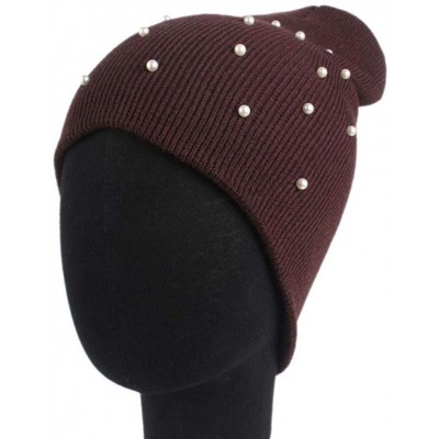 Skullies & Beanies Womens Hat Winter- Faux Pearls Warm Chunky Beanie Hats Cap - Coffee - C21895I6ZZD $10.28