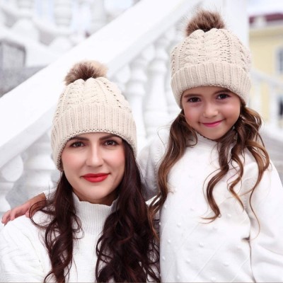 Skullies & Beanies 2PCS Mother-Baby Knit Warm Hat Winter Parent-Child Hat Crochet Beanie Ski Cap Faux Fur Pom Pom - 03 - Beig...