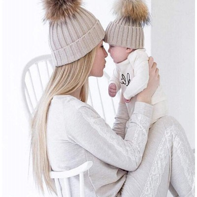 Skullies & Beanies 2PCS Mother-Baby Knit Warm Hat Winter Parent-Child Hat Crochet Beanie Ski Cap Faux Fur Pom Pom - 03 - Beig...