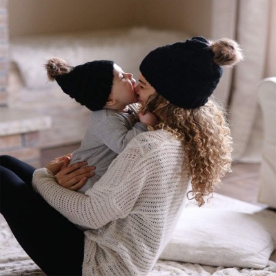 Skullies & Beanies 2PCS Mother-Baby Knit Warm Hat Winter Parent-Child Hat Crochet Beanie Ski Cap Faux Fur Pom Pom - 03 - Beig...