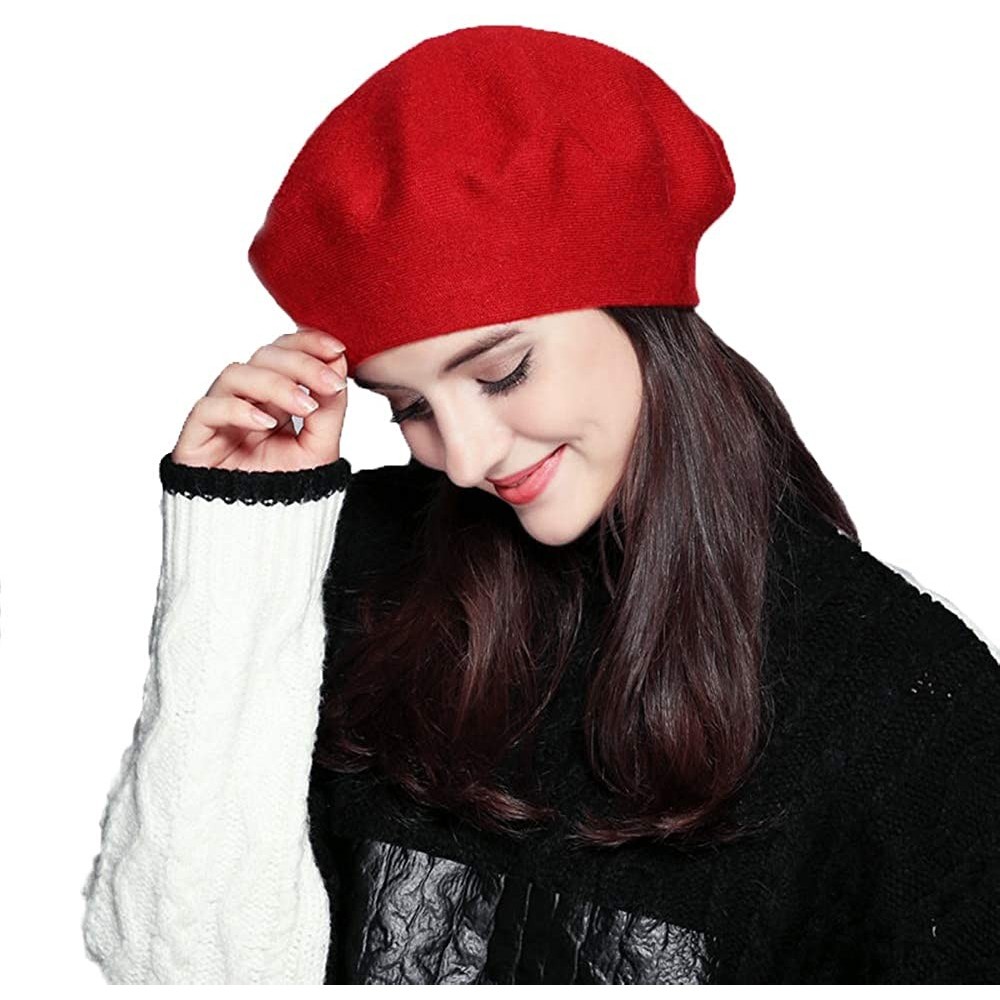 Berets Wool Beret for Women- Classic French Cashmere Beret Hat Knitted Beanie Cap for Spring Autumn Winter - Red - CO18AZLW9S...