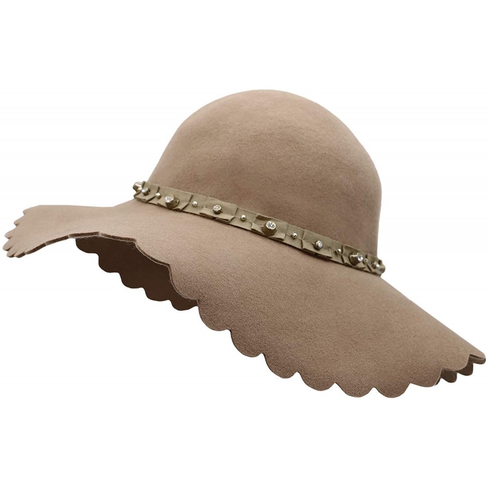 Fedoras Women's Wide Brim Wool Ribbon Band Floppy Hat - Rhinestone Style_camel - CL18A447KUD $21.28