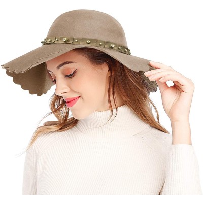 Fedoras Women's Wide Brim Wool Ribbon Band Floppy Hat - Rhinestone Style_camel - CL18A447KUD $21.28