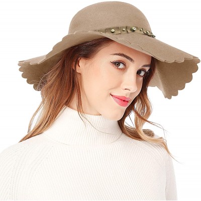 Fedoras Women's Wide Brim Wool Ribbon Band Floppy Hat - Rhinestone Style_camel - CL18A447KUD $21.28