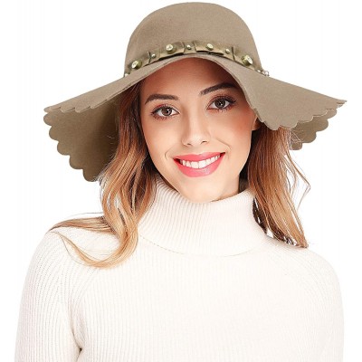 Fedoras Women's Wide Brim Wool Ribbon Band Floppy Hat - Rhinestone Style_camel - CL18A447KUD $21.28