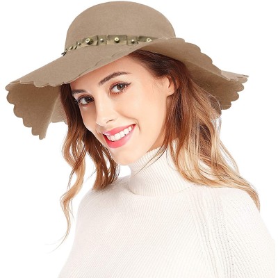 Fedoras Women's Wide Brim Wool Ribbon Band Floppy Hat - Rhinestone Style_camel - CL18A447KUD $21.28