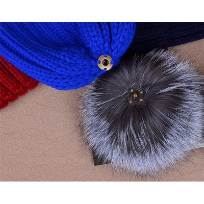 Skullies & Beanies Womens Girls Winter Knitted Slouchy Beanie Hat with Real Large Silver Fox Fur Pom Pom Hats - Style02 Wine ...