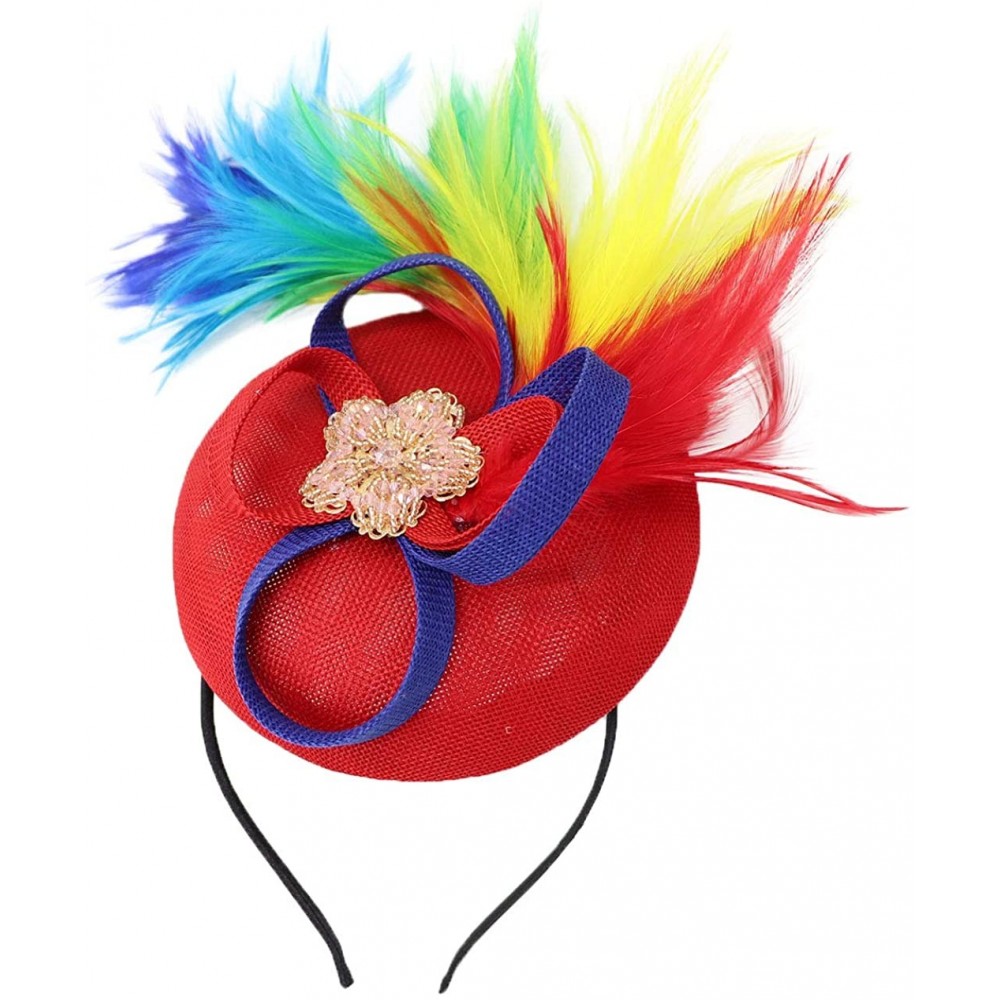 Berets Womens Fascinator Hat Sinamay Pillbox Flower Feather Tea Party Derby Wedding Headwear - Z Red Rainbow - C7195MYY3ZU $1...