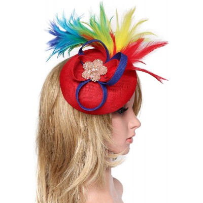 Berets Womens Fascinator Hat Sinamay Pillbox Flower Feather Tea Party Derby Wedding Headwear - Z Red Rainbow - C7195MYY3ZU $1...