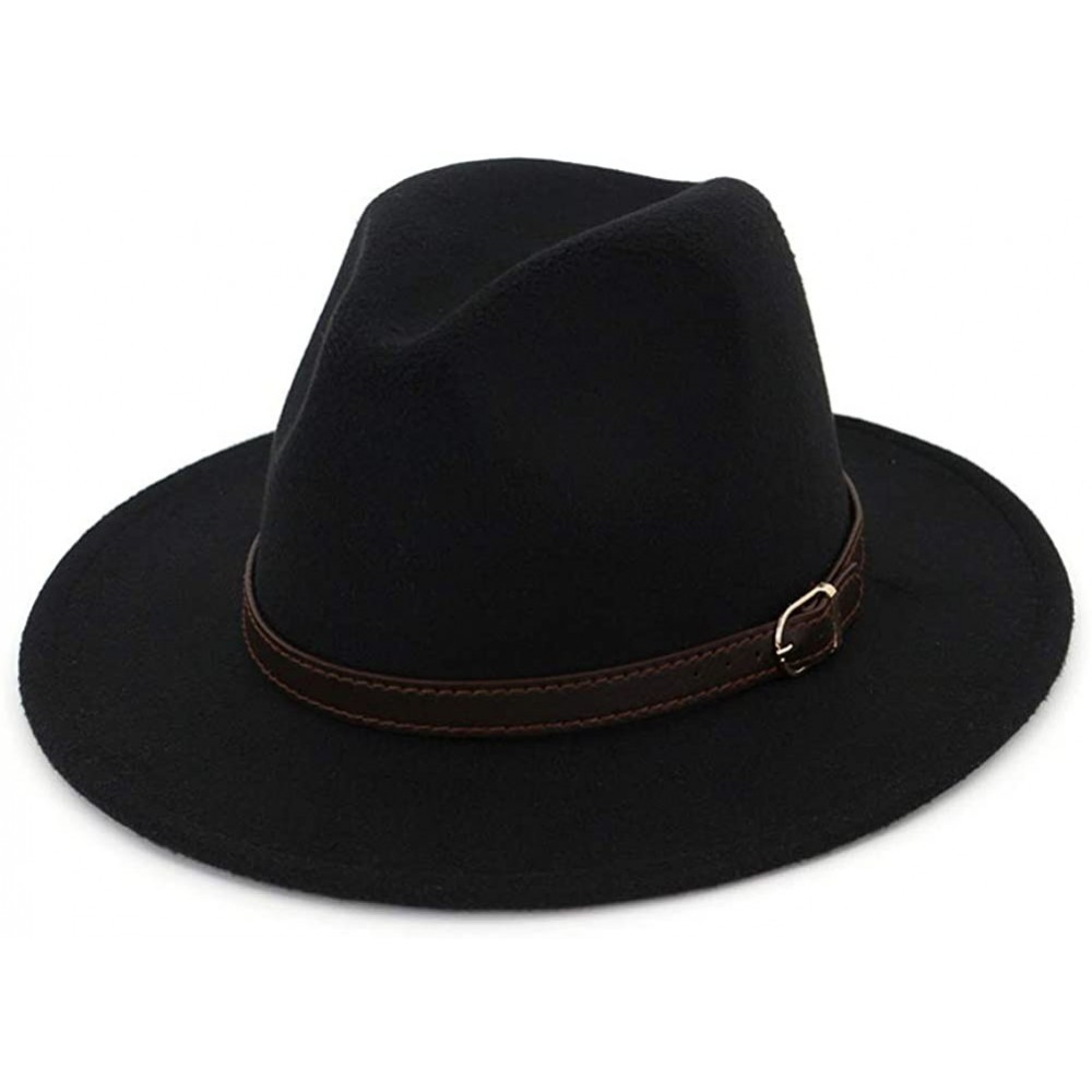 Fedoras Men & Women Panama Hat Classic Wide Brim Fedora Hat with Belt Buckle - Black - CV18SA75RKR $17.64