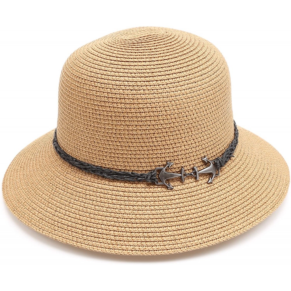 Fedoras Women's Summer Straw Sun Beach Fedora Hat with Band - Anchor-khaki - CO18D4DHNM9 $11.44