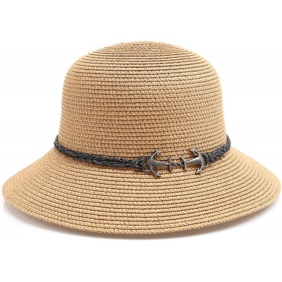 Fedoras Women's Summer Straw Sun Beach Fedora Hat with Band - Anchor-khaki - CO18D4DHNM9 $11.44