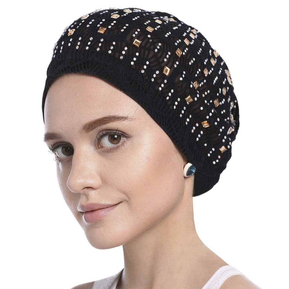 Skullies & Beanies Elastic Slouchy Rhinestone Headwear Headbands - Black- Rhinestone - CE18SSUU33E $7.88