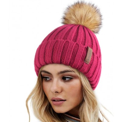Skullies & Beanies Womens Winter Knitted Beanie Hat with Faux Fur Pom Warm Knit Skull Cap Beanie for Women - 19-pomegranate R...