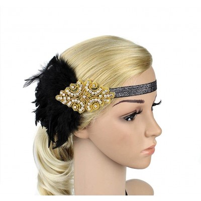 Headbands Roaring 20's Flapper Rhinestone Headband with Feather Vintage 1920s Hair Hoop Headpiece - Gold - CM18DH79Q00 $13.39