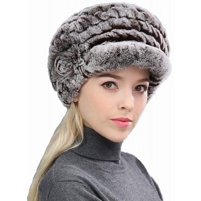 Skullies & Beanies Women's Real Rex Rabbit Fur Hat with Visor Knit Cap Winter Warm - Coffee - CJ18UXDNMIH $52.60