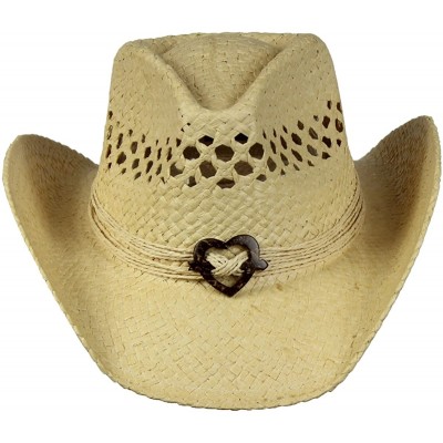 Cowboy Hats Vented Straw Cowboy Hat w/Wood Heart Band -Shapeable Cowgirl Western - Natural - CE18C0RGMEX $24.53
