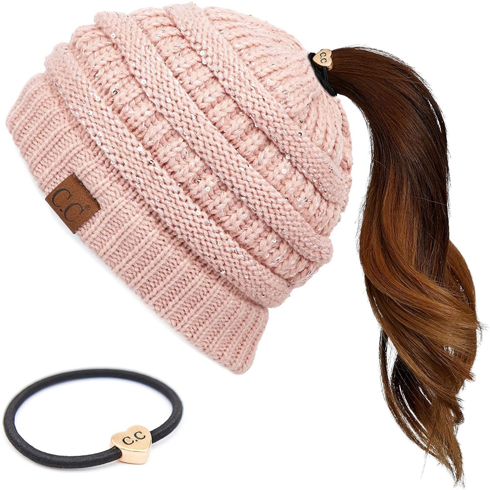 Skullies & Beanies Messy Bun Ponytail Magic Magic Sequin Beanie Hat Bundle Hair Tie (MB-730) - Indi Pink - With Cc Ponytail H...