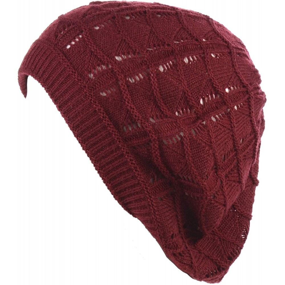 Berets Womens Knit Beanie Beret Hat Lightweight Fashion Accessory Crochet Cutouts - J019redwine - C5194YKE2WU $10.20