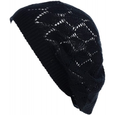 Berets Chic Parisian Style Soft Lightweight Crochet Cutout Knit Beret Beanie Hat - 2-pack Leafy Beige & Black - CH18E50ZQIO $...