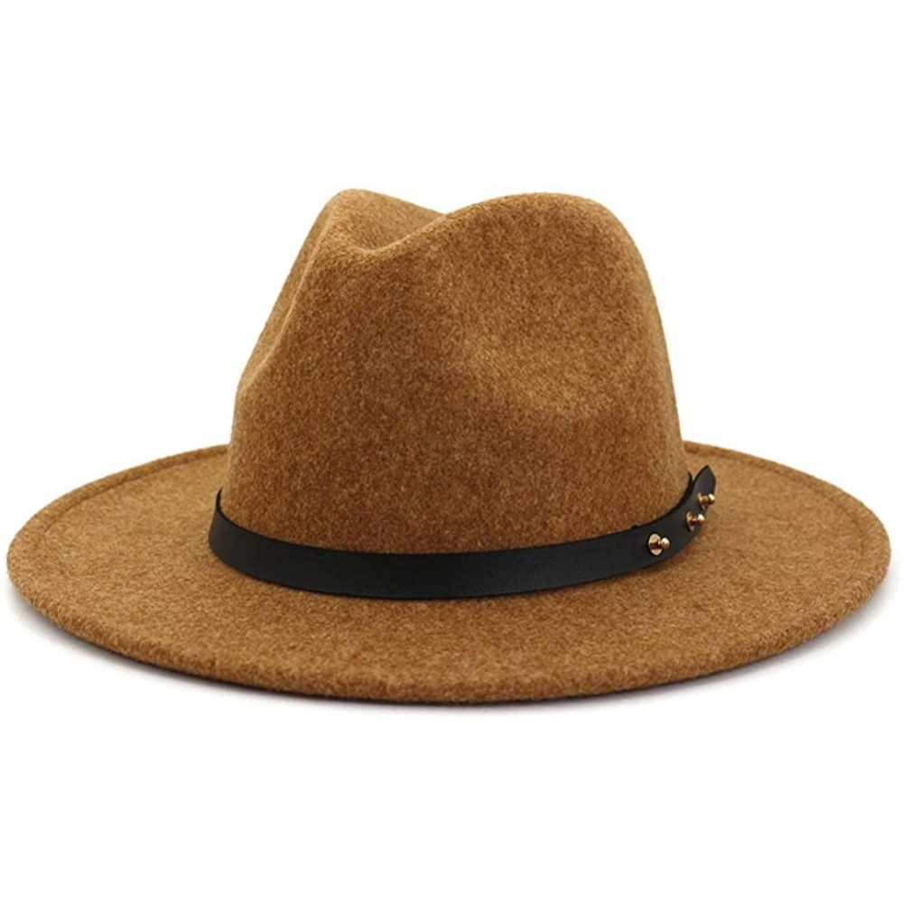 Fedoras Classic Wool Fedora Hats Wide Brim Belt Buckle for Women & Men - C New Black Belt-khaki - CM192ART5UK $13.16