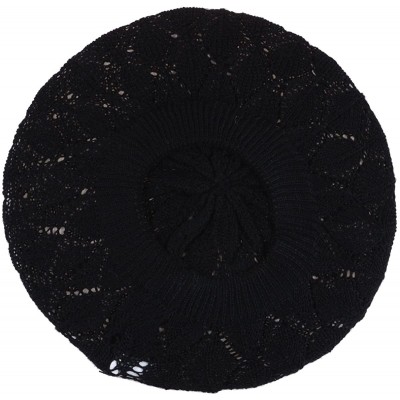 Berets Chic Parisian Style Soft Lightweight Crochet Cutout Knit Beret Beanie Hat - 2-pack Leafy Beige & Black - CH18E50ZQIO $...