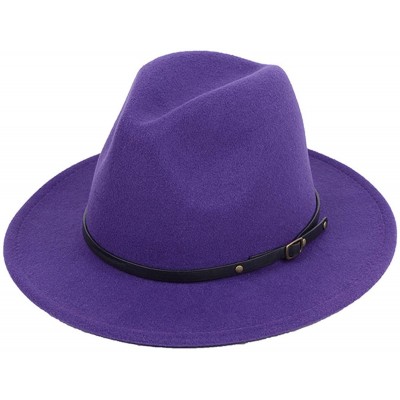 Fedoras Women Lady Vintage Retro Wide Brim Wool Fedora Hat Panama Cap with Belt Buckle - Purple - CT18A72Z6Z9 $31.72
