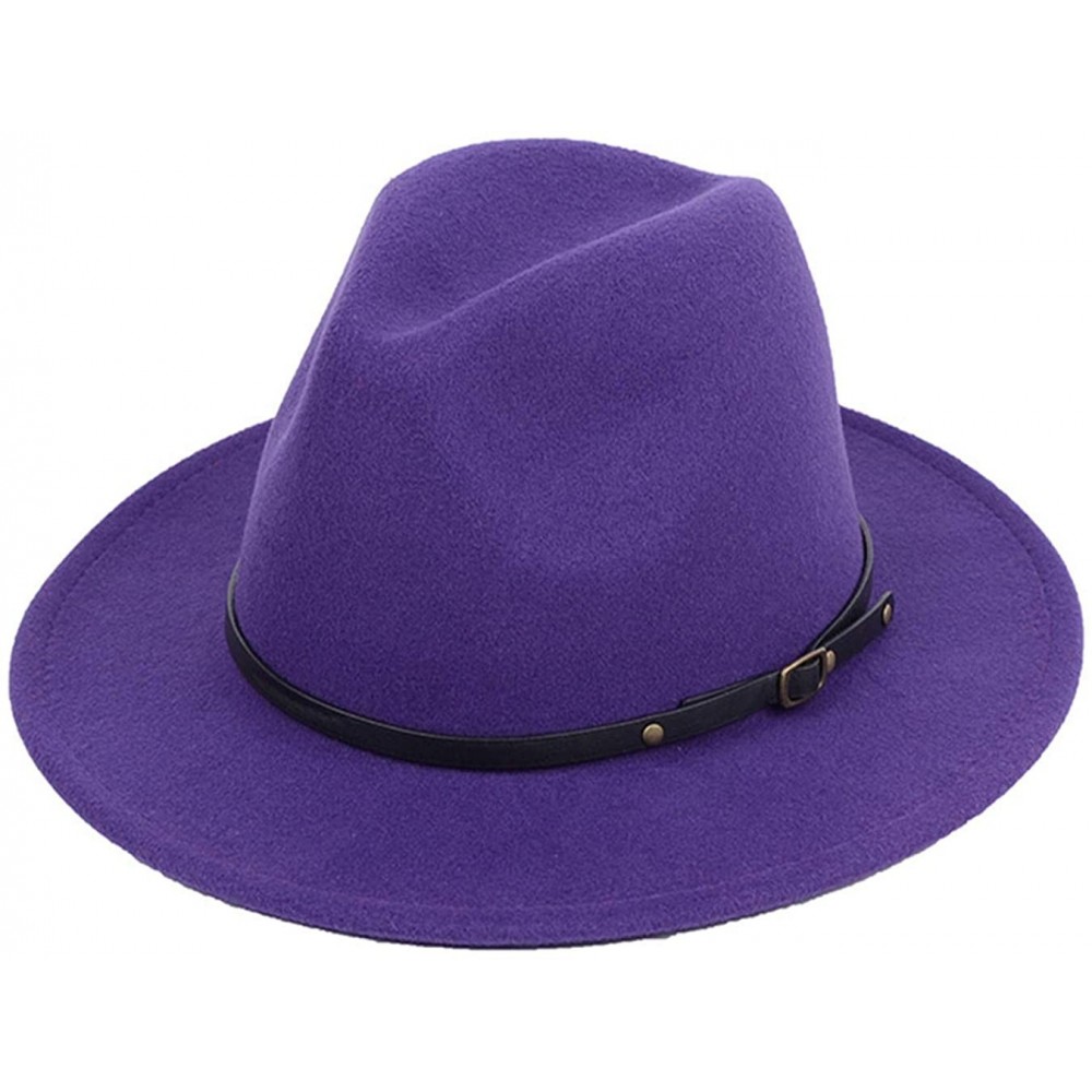 Fedoras Women Lady Vintage Retro Wide Brim Wool Fedora Hat Panama Cap with Belt Buckle - Purple - CT18A72Z6Z9 $16.58
