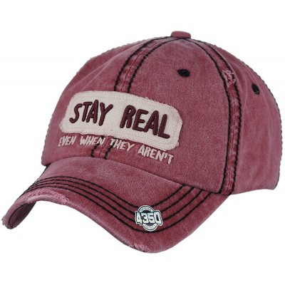 Baseball Caps Unisex Vintage Distressed Patched Phrase Adjustable Baseball Dad Cap - Stay Real- Burgundy - CS186AKH0GM $25.40