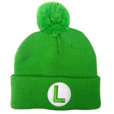 Skullies & Beanies Super Mario Bros Luigi Pom Pom Knit Hat Beanie Green - CG18AO8LE5G $9.32