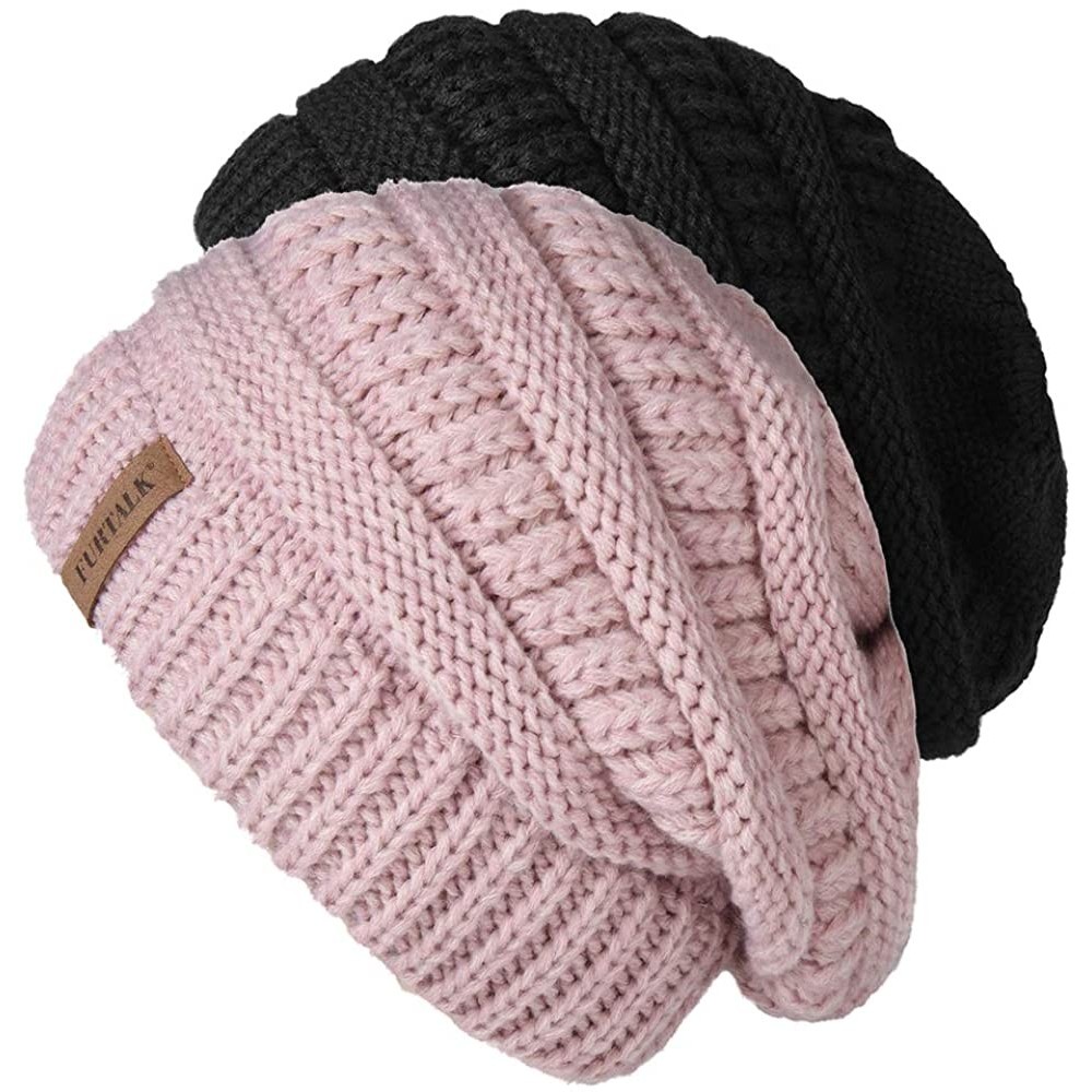 Skullies & Beanies Winter Beanie for Women - 2 Packs Fleece Lined Warm Knit Skull Slouch Beanie Hat - Black & Mixpink - CW18U...