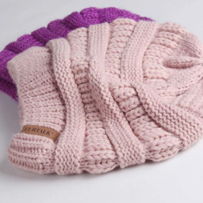 Skullies & Beanies Winter Beanie for Women - 2 Packs Fleece Lined Warm Knit Skull Slouch Beanie Hat - Black & Mixpink - CW18U...