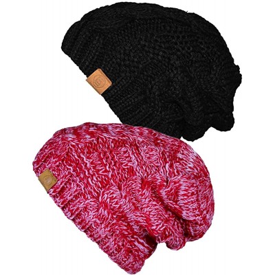 Skullies & Beanies Unisex Warm Chunky Soft Stretch Cable Knit Beanie Cap Hat (Black/Melage Red 102-2pk) - C012NYJ5J5H $11.81