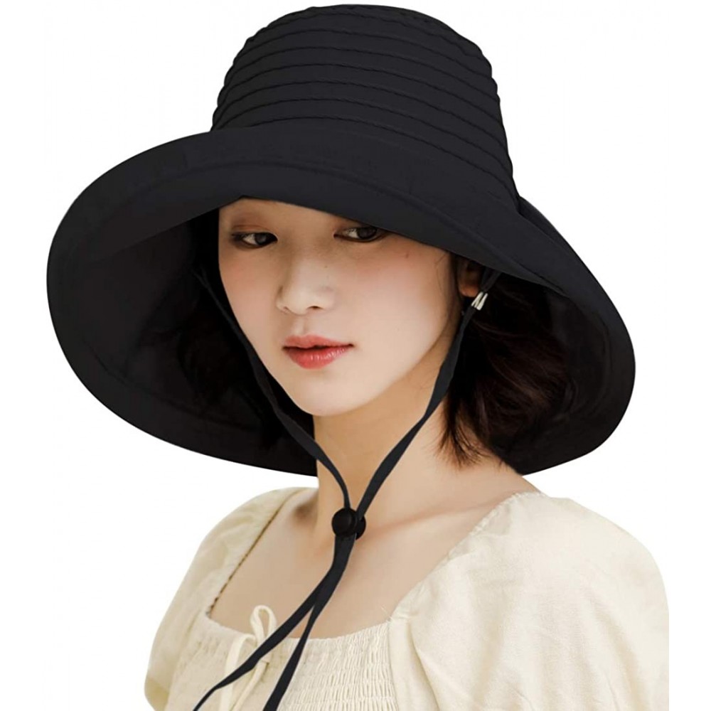 Sun Hats Women Beach Sun Hat Wide Wired Brim Summer UV Protection UPF Packable Bow Strap - Black - C5196NRQ849 $14.37