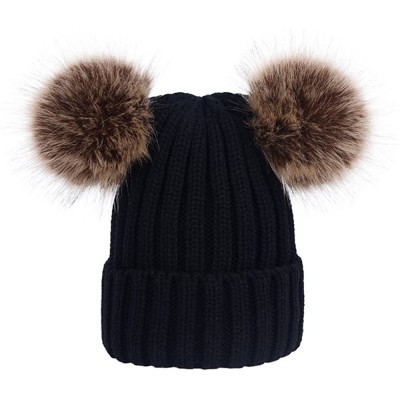 Skullies & Beanies Winter Knit Beanie Hat Warm Wool Hat with Double Removable Pom Pom - Black - CX187CCLNA9 $14.04