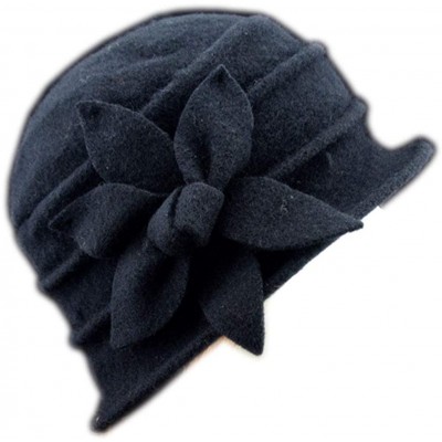 Bucket Hats Flower 100% Wool Dome Bucket Hat Winter Cloche Hat Fedoras Derby Hat - Black - CJ188U6HUQS $15.05
